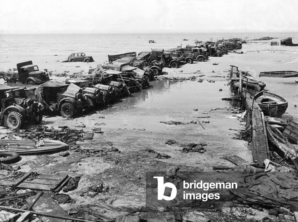 British lorries on the beach at Dunkirk, 1940 (b/w photo)