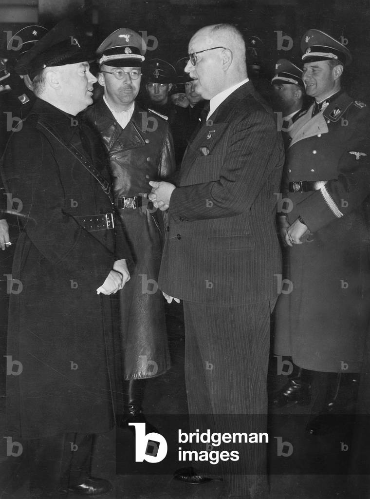 Adrian Mussert with Franz Xaver Schwarz and Heinrich Himmler, 1942 (b/w photo)