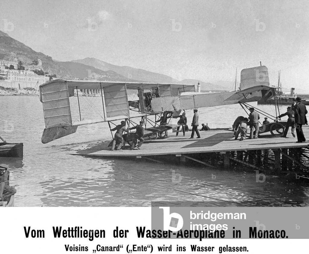 From the water-plane contest in Monaco: Voisin's 'Canard' is put into the water, 1912 (b/w photo)