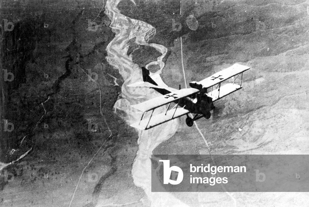 Austro-Hungarian airplane over the Piave, 1918 (b/w photo)