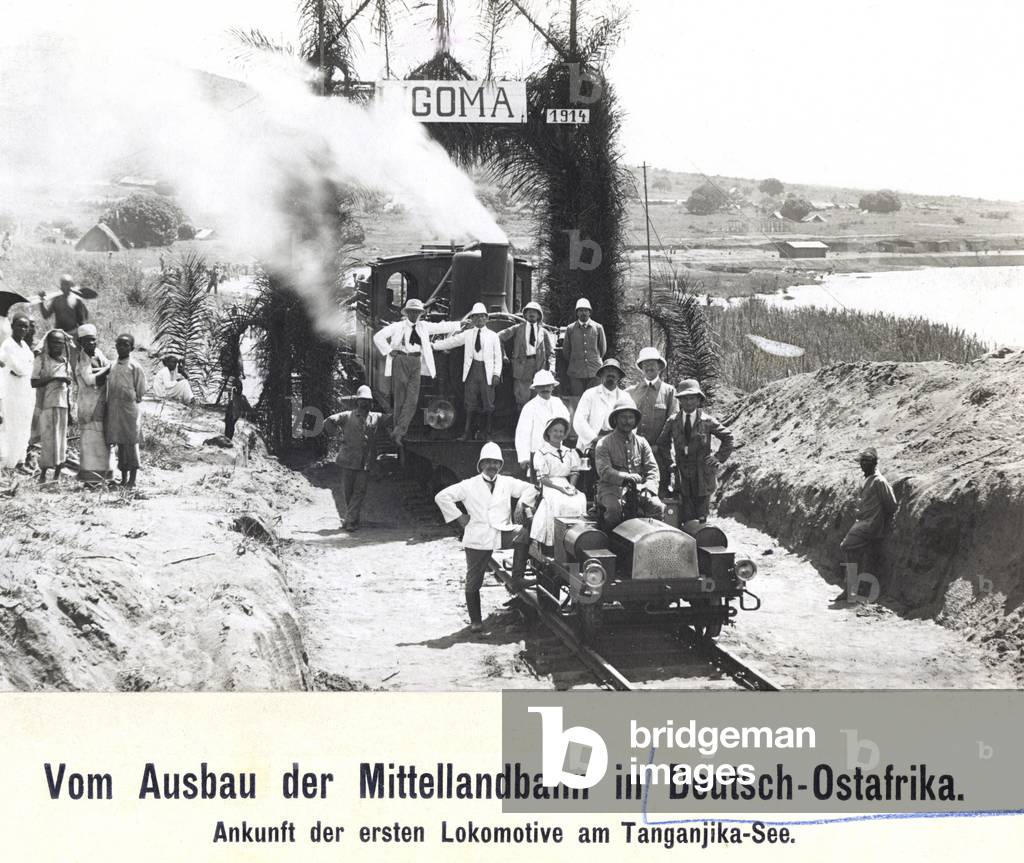 Arrival of the first locomotive in Goma on Lake Tanganyika on the renovated Central Line in the German protectorate of East Africa, 1914 (b/w photo)