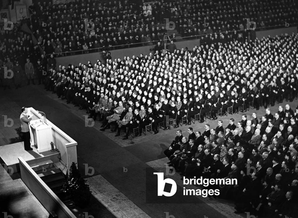 Minister of Propaganda Goebbels giving a speech at a rally in the Sportpalast, 1941
