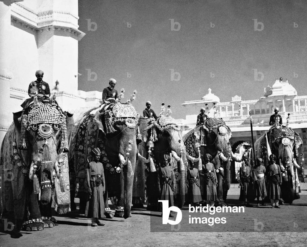 Elephant before the City Palace in Udaipur (b/w photo)