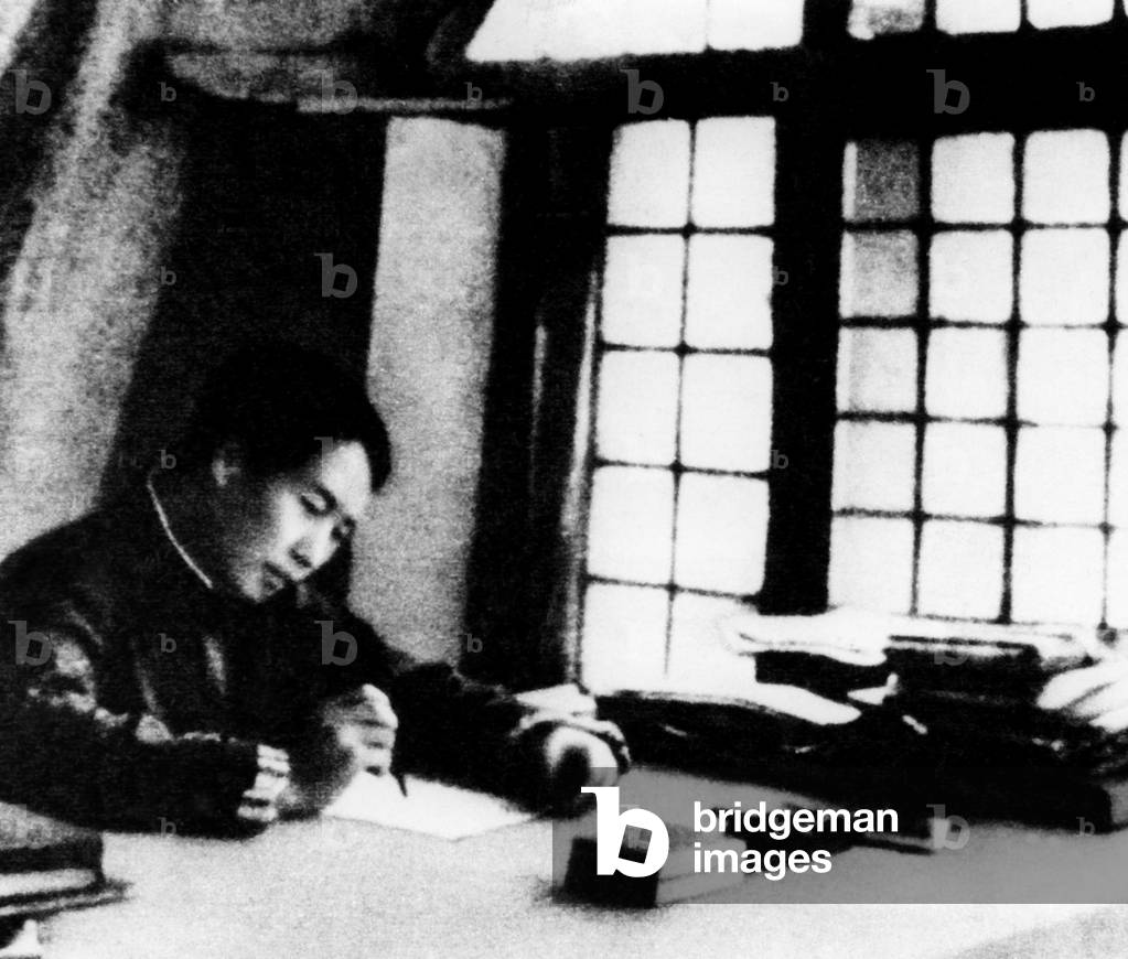 Mao Zedong in his cave dwelling during the Long March, c.1930 (b/w photo)