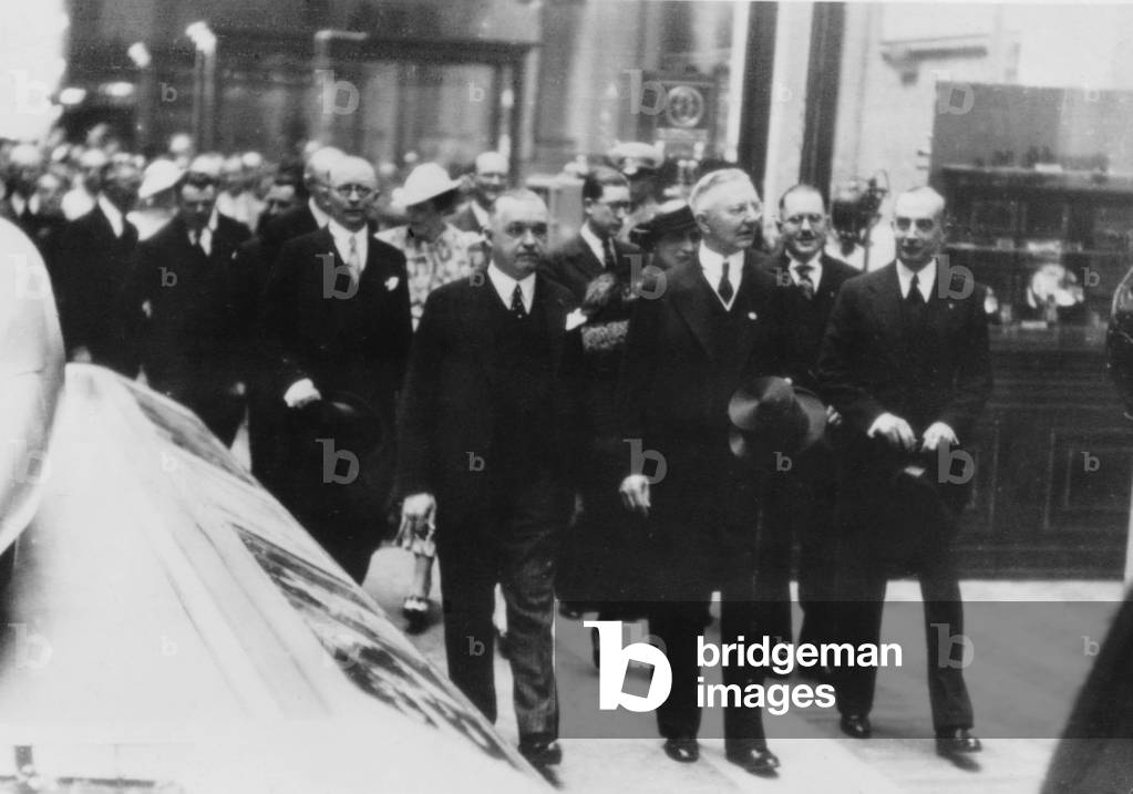 Hjalmar Schacht with Johannes Graf von Welczek at the Paris World Exhibition, 1937 (b/w photo)