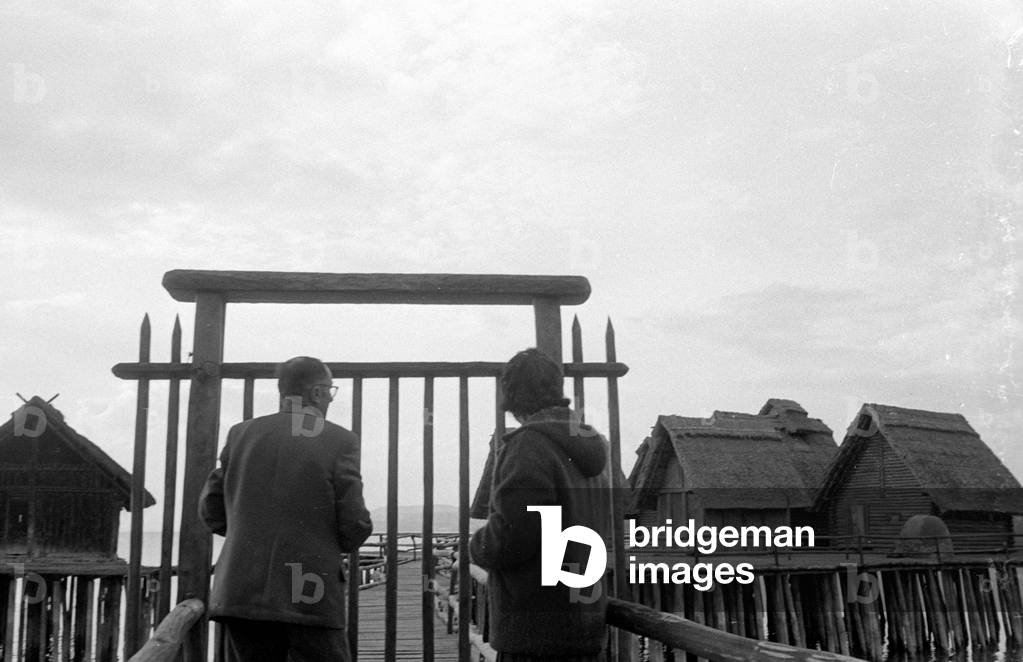 Pile dwelling village on Bodensee, 1960 (b/w photo)