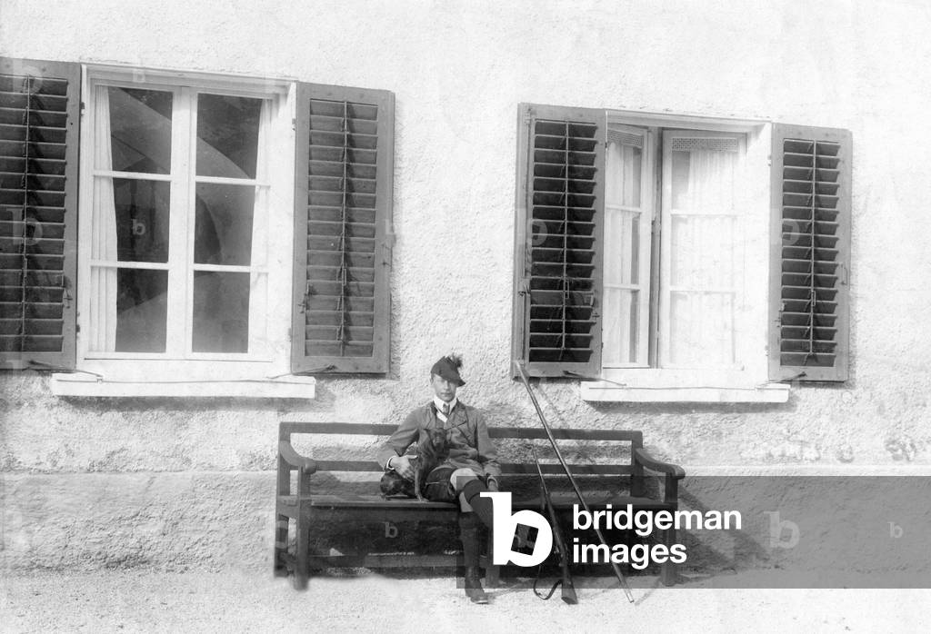 Wilhelm of Prussia with his dog in Wildbad Kreuth, 1906 (b/w photo)