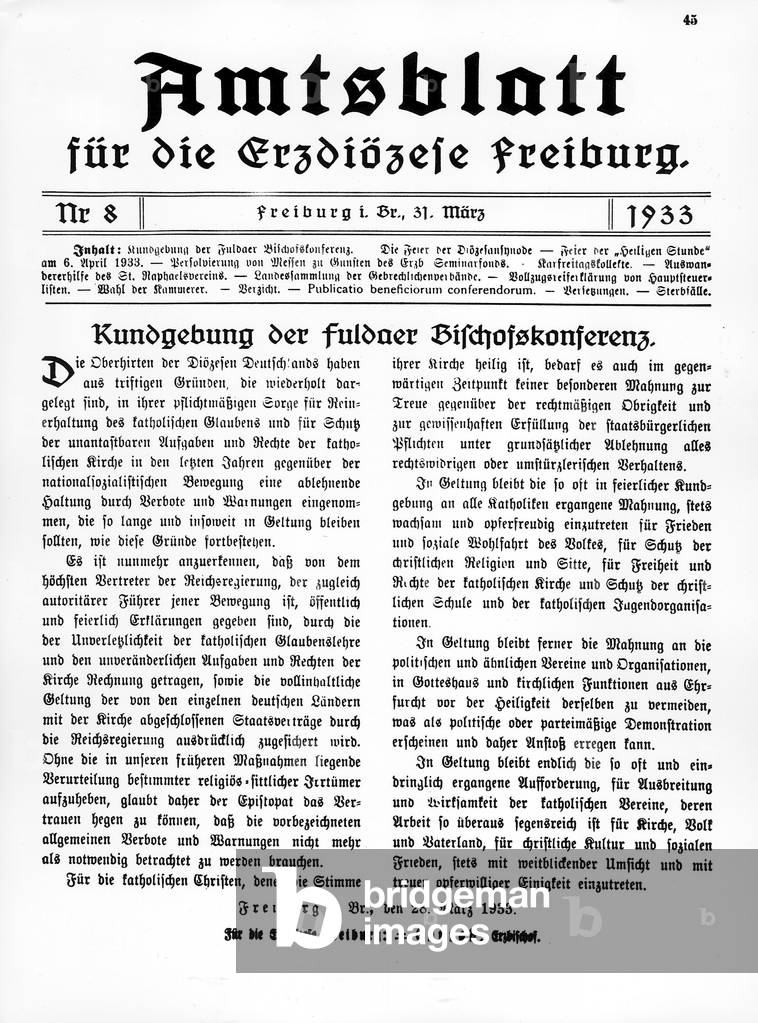 Recognition of the Hitler government in the Official Journal of the Archdiocese of Freiburg, 1933 (b/w photo)