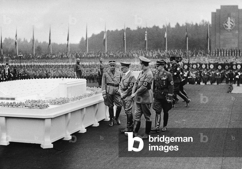 Adolf Hitler and Albert Speer in front of the model 'German Stadium', 1937 (b/w photo)