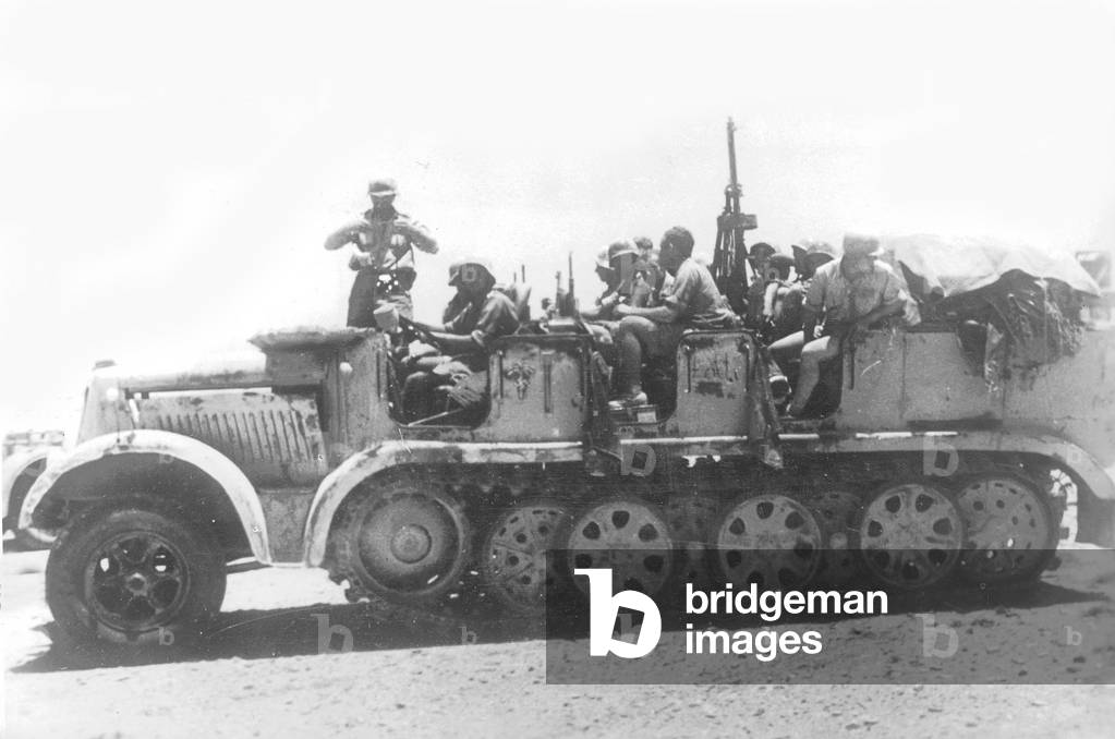 German 8 to. half-track military vehicle in North Africa (b/w photo)