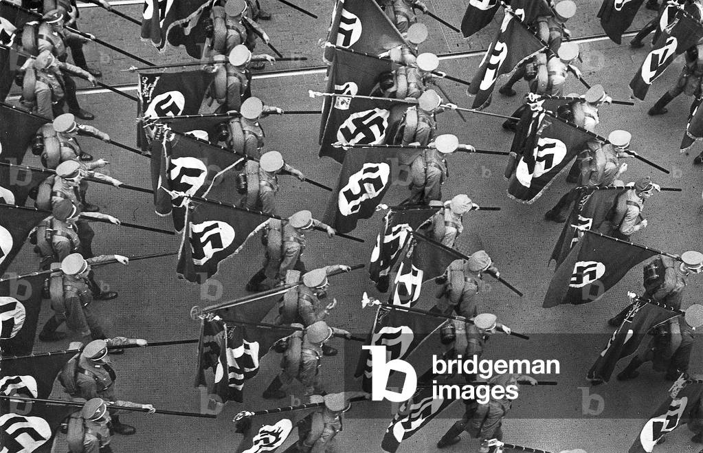 Swastika flags at the Nuremberg Rally, 1935 (b/w photo)