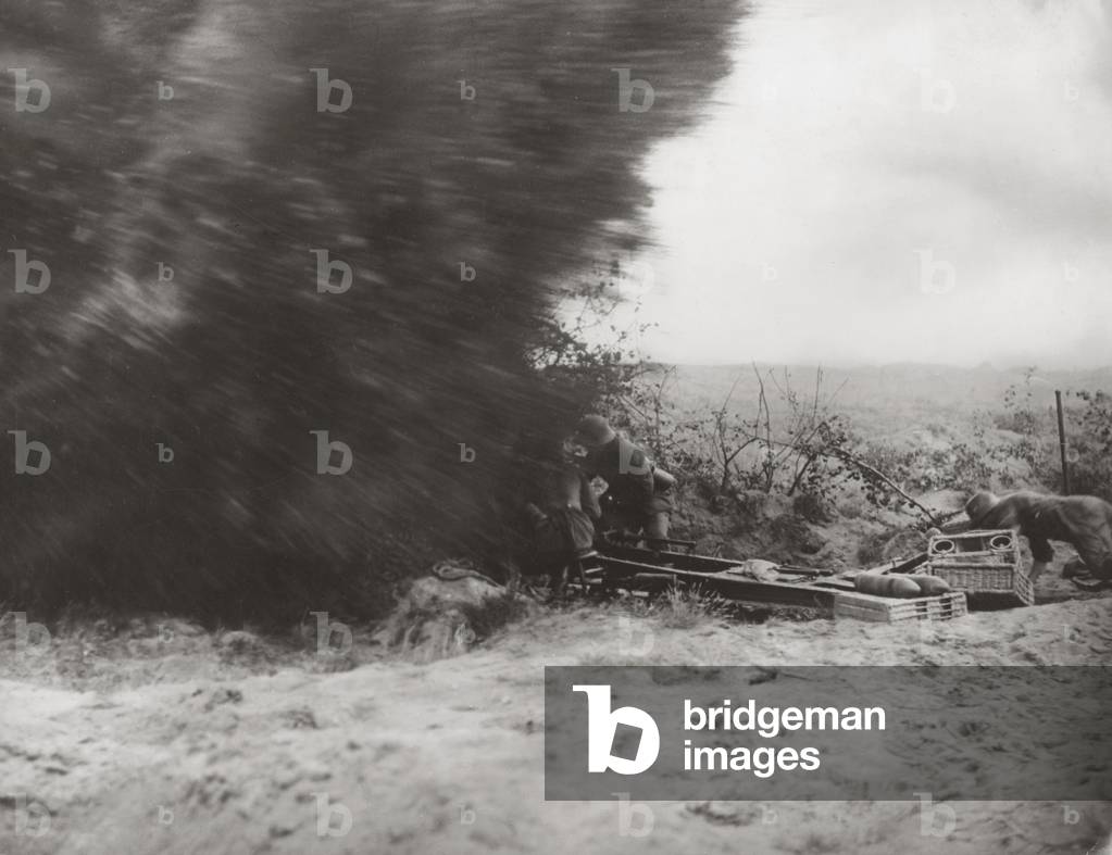 Grenade detonation in a German dugout at the Western Front, 1918 (b/w photo)