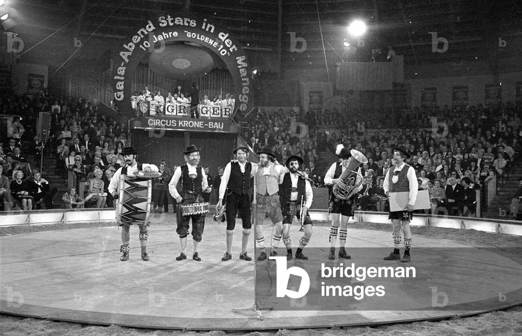 Bavarian music group at Circus Krone, 1970 (b/w photo)