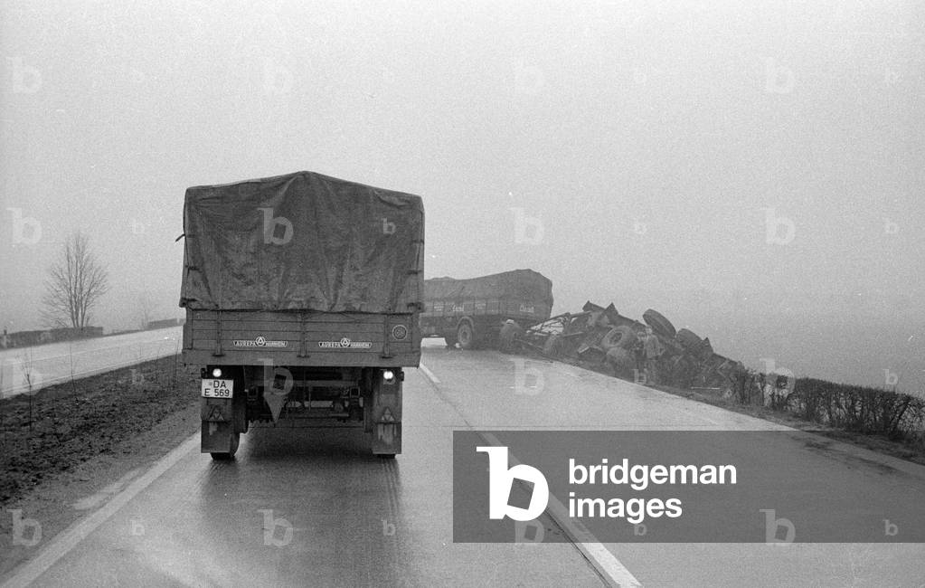 Truck accident on a highway, 1960s (b/w photo)