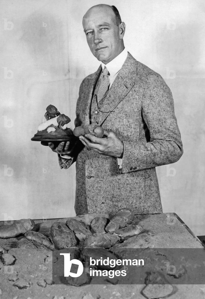 Roy Chapaman Andrews with dinosaur eggs, 1925