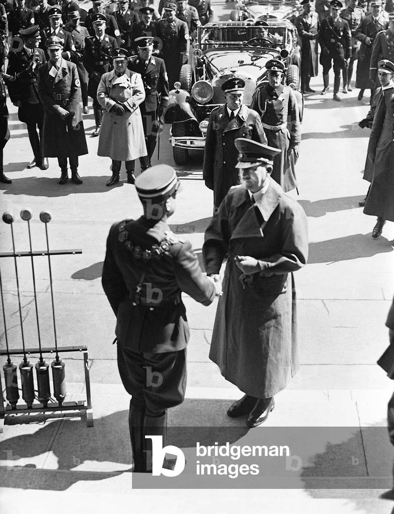 Hermann Neubacher welcomes Adolf Hitler in Vienna, 1938 (b/w photo)