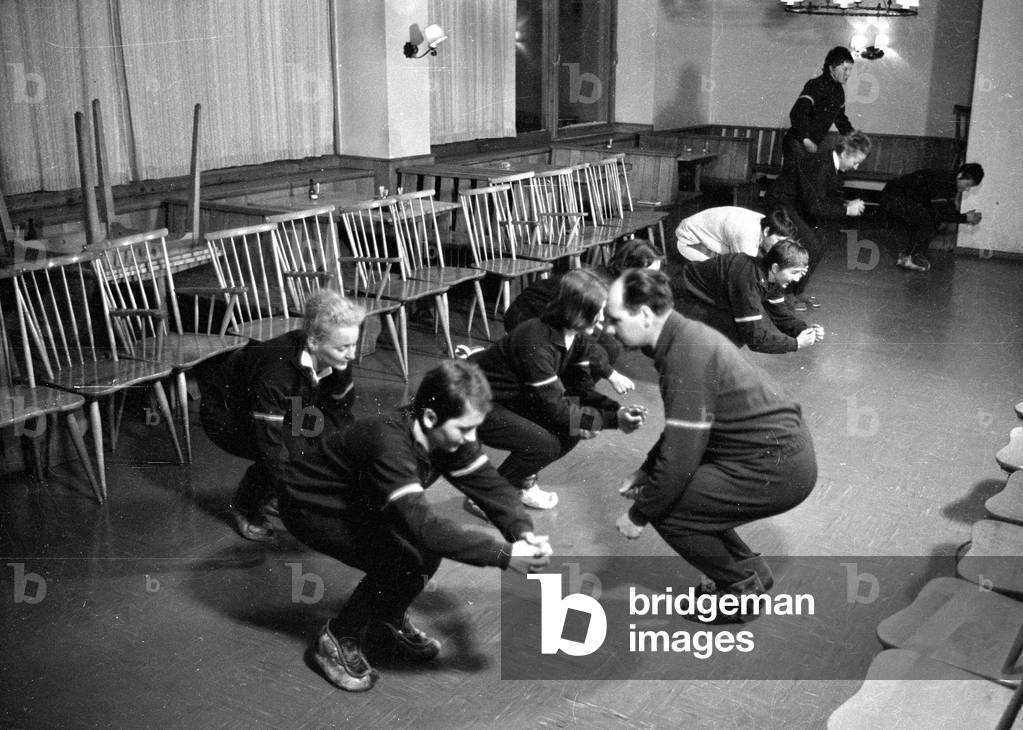 Skiers doing dry training, 1962 (b/w photo)