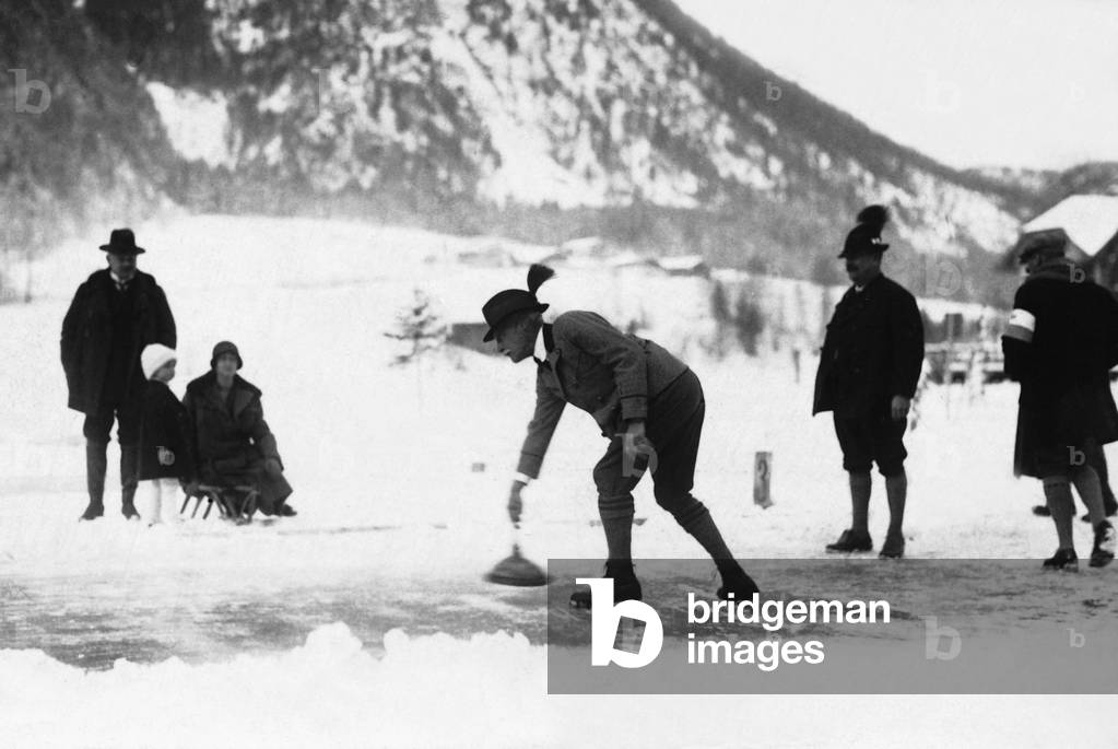 Crown Prince Rupprecht of Bavaria when Eisstockschiessen (Bavarian curling) (b/w photo)