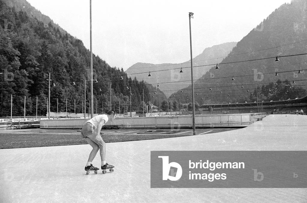 Roller skating rink in Bavaria, 1971 (b/w photo)