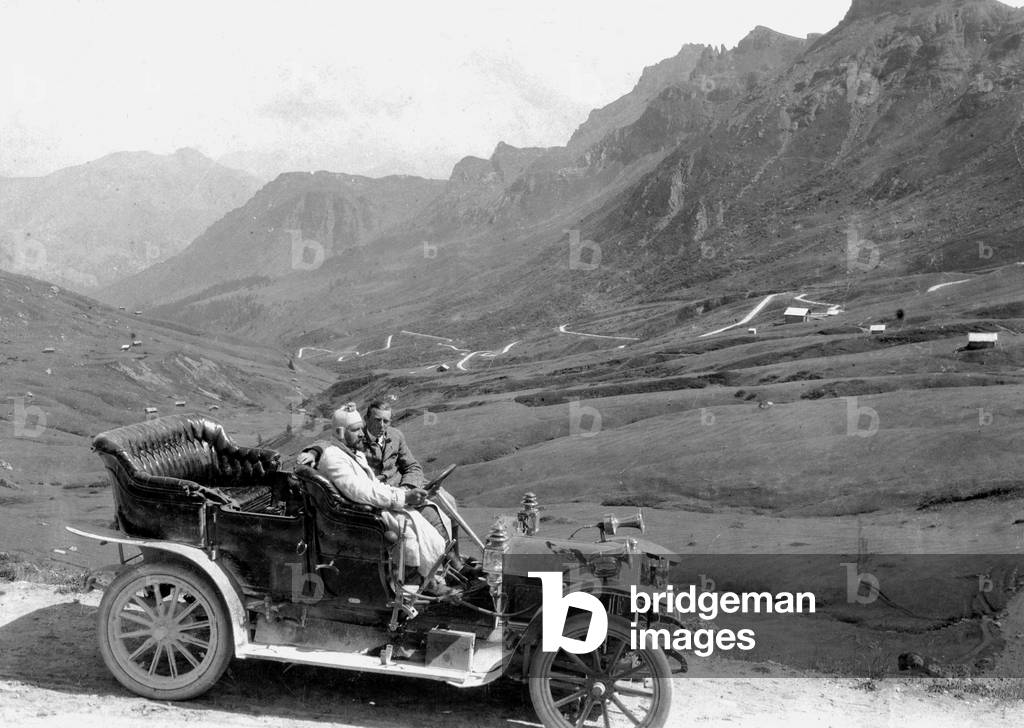 Car ride in the Dolomites, 1910 (b/w photo)