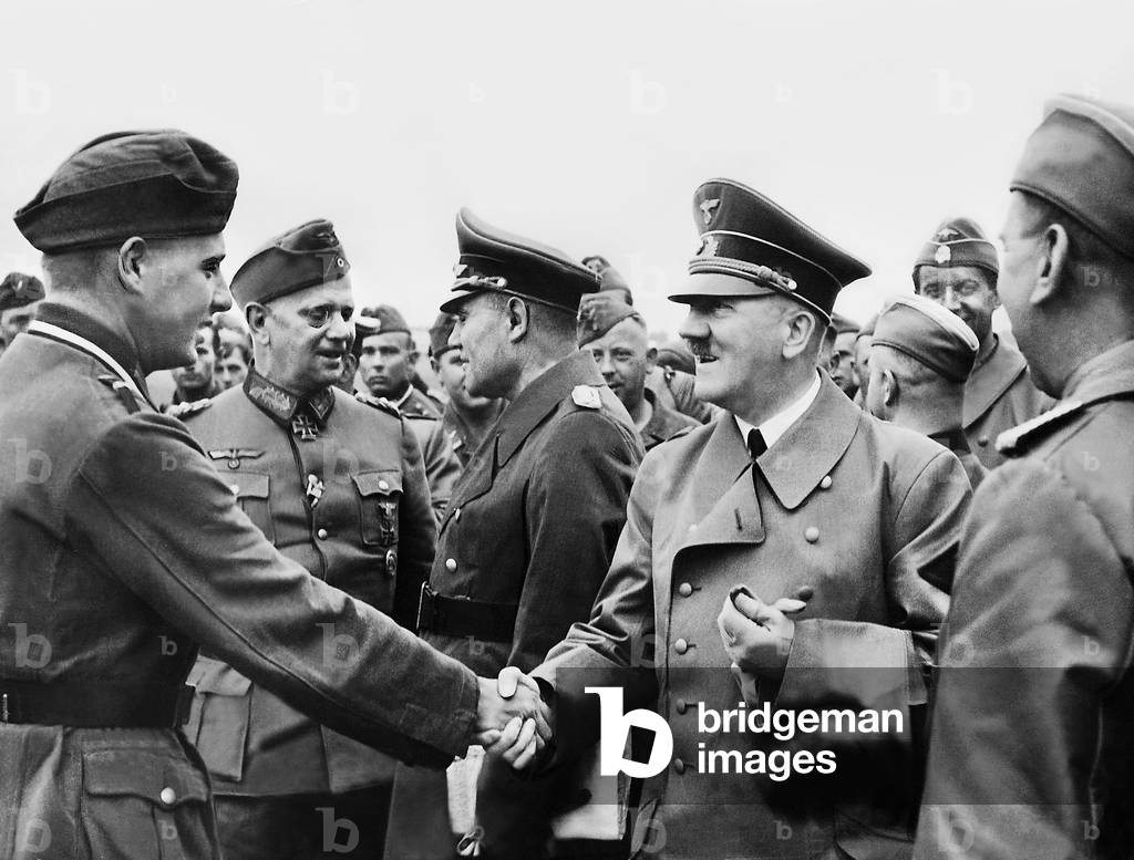 Adolf Hitler, Walter von Reichenau, Karl Bodenschatz during a stop on the front, 1941 (b/w photo)