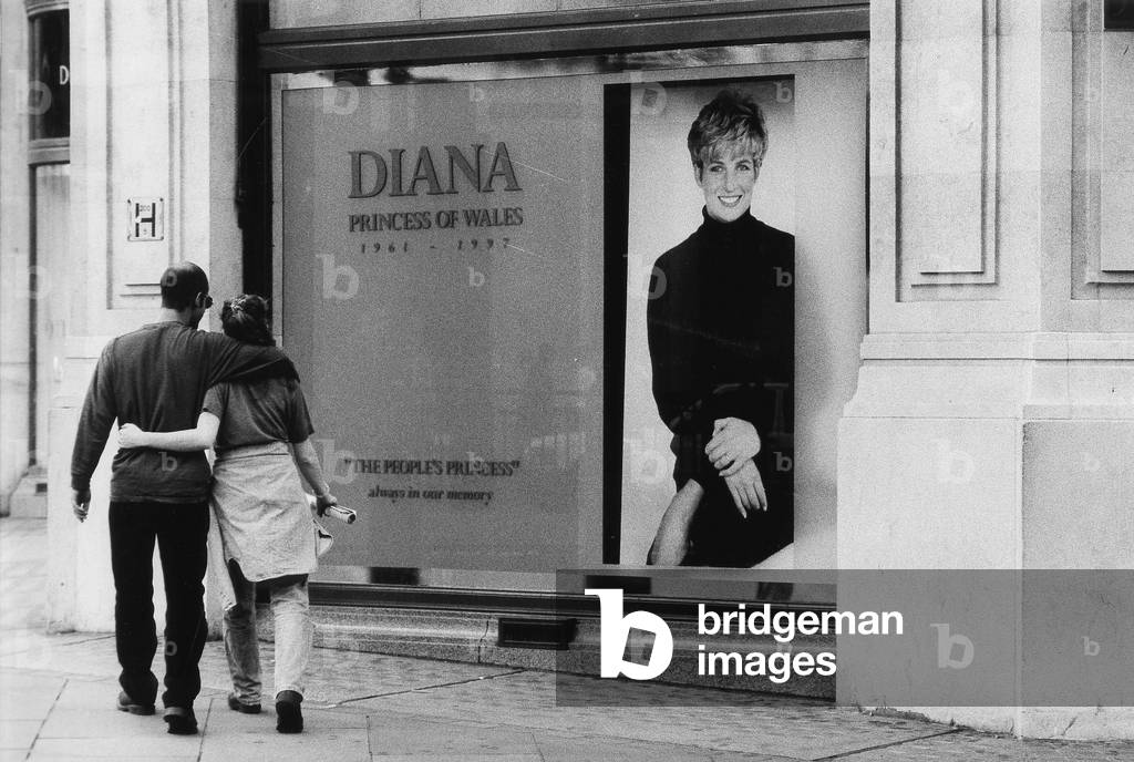 Decorated shop window in central London, 6th September, 1997 (b/w photo)