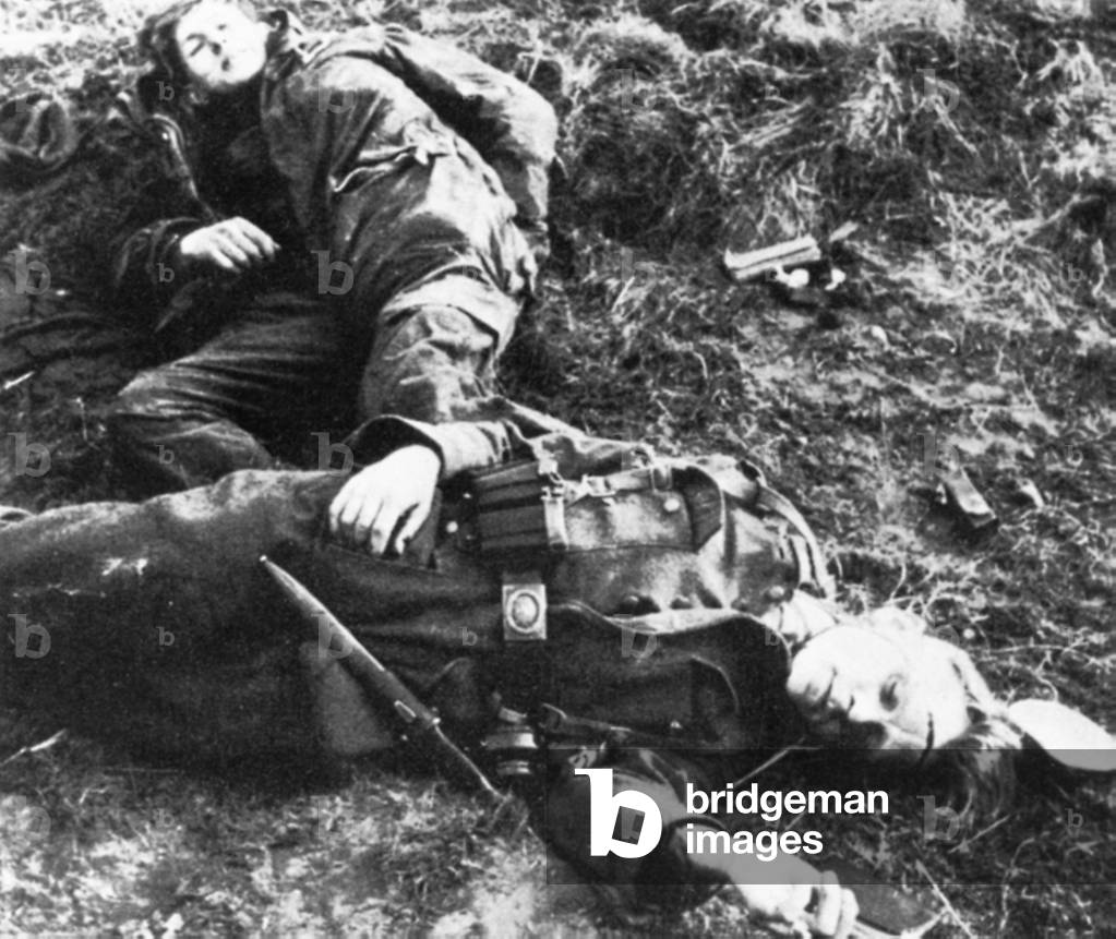 Fallen members of the Hitler Youth on the Western Front (b/w photo)
