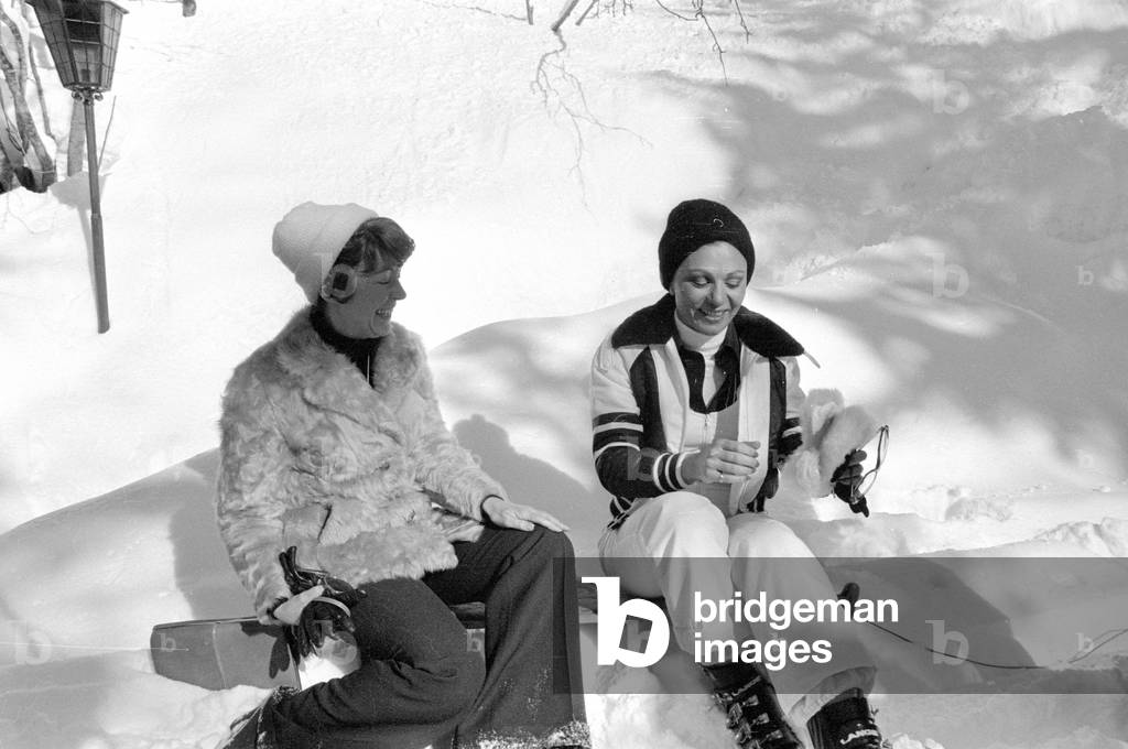 Farah Diba in St. Moritz, 1974 (b/w photo)