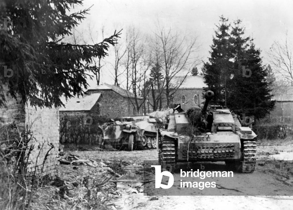 German assault gun III during fighting on the Western front, 1945 (b/w photo)