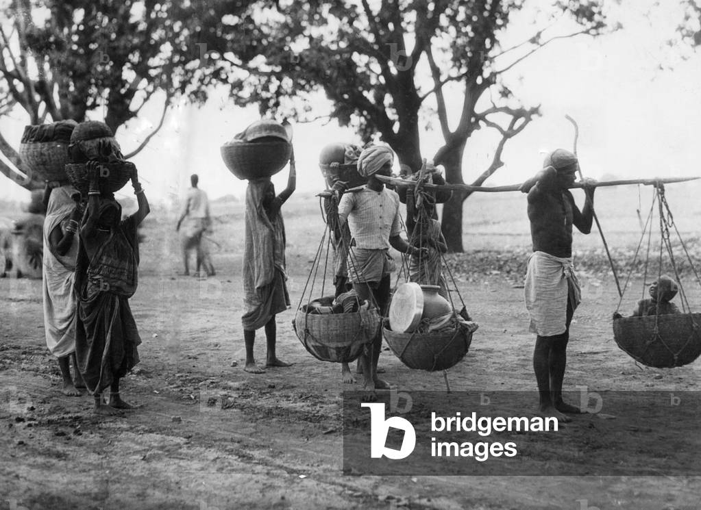 Indian family on a pilgrimage, 1930 (b/w photo)