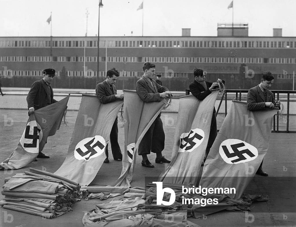 Swastika flags on the Tempelhof airport, 1938 (b/w photo)