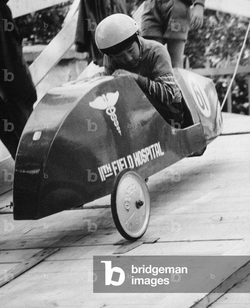 Ready to Start - Soap-Box-Derby in Augsburg, 1958 (b/w photo)