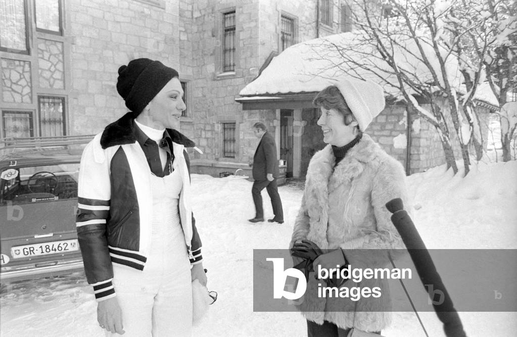 Farah Diba in St. Moritz, 1974 (b/w photo)