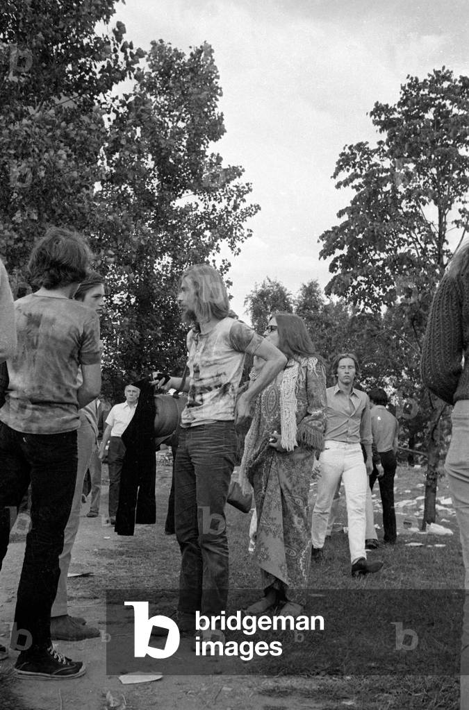 Festival visitors in the Olympic Park in Munich, 1970 (b/w photo)
