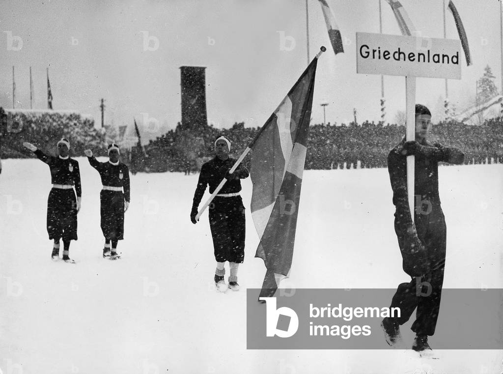 Opening ceremony of the Olympic games at Garmisch-Partenkirchen, 1936 (b/w photo)