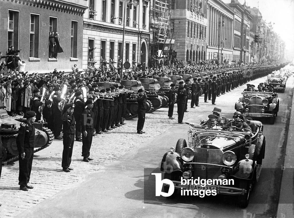 Adolf Hitler inspects a tank troop, 1937 (b/w photo)