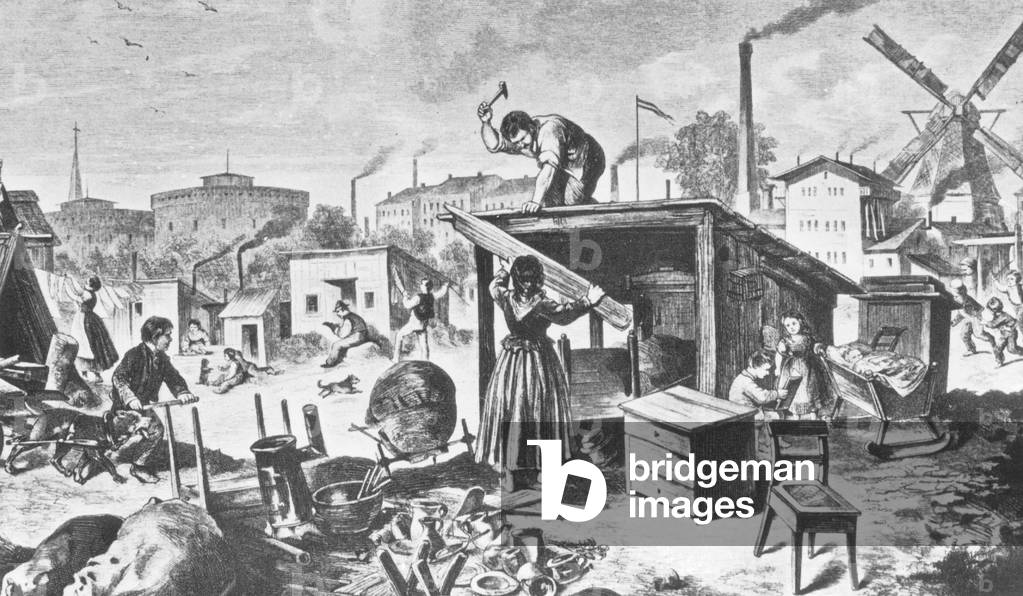 Temporary shelters poor families in Berlin, 1870 (b/w photo)