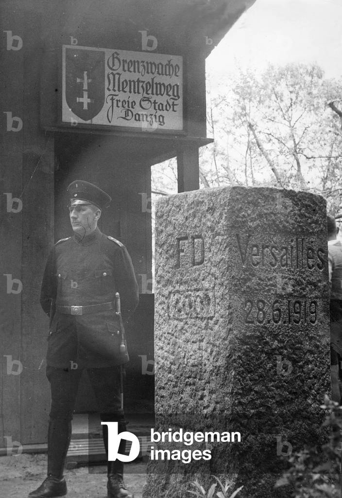 Boundary stone in the near of the Free town Danzig, 1935 (b/w photo)