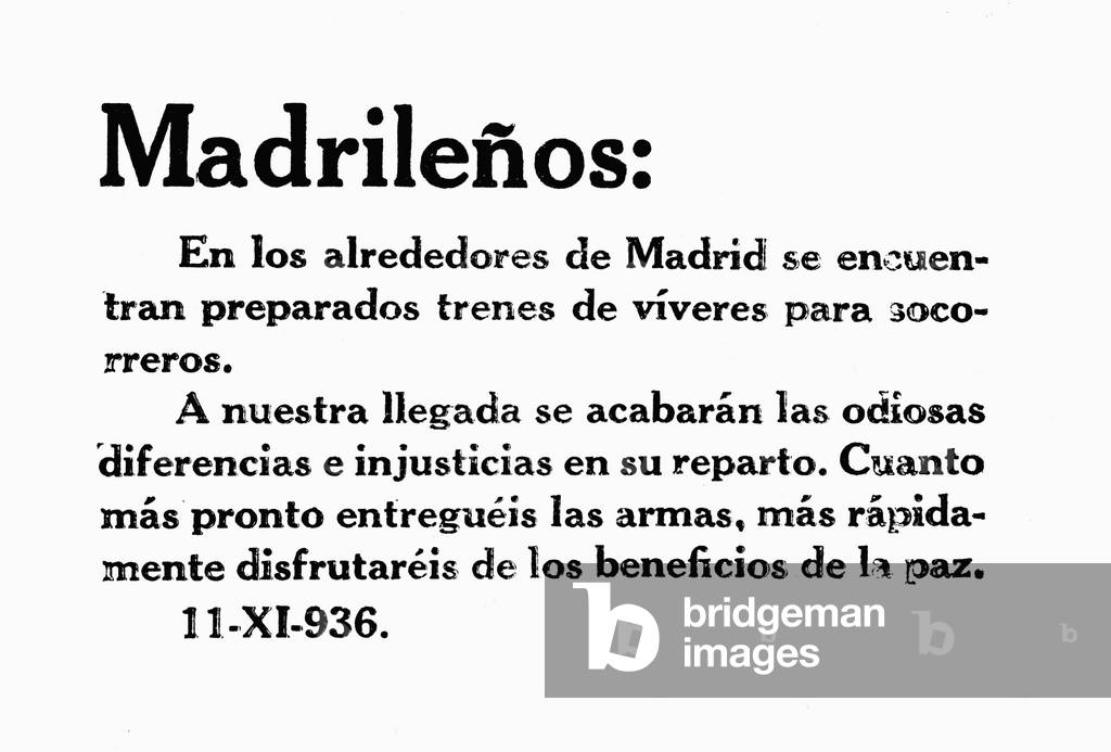 Nationalist pamphlet for Madrid, Spanish Civil War, 1936