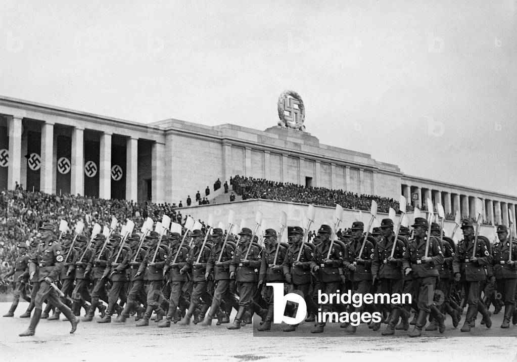 Marching of the RAD at the Nuremberg Rally, 1938 (b/w photo)