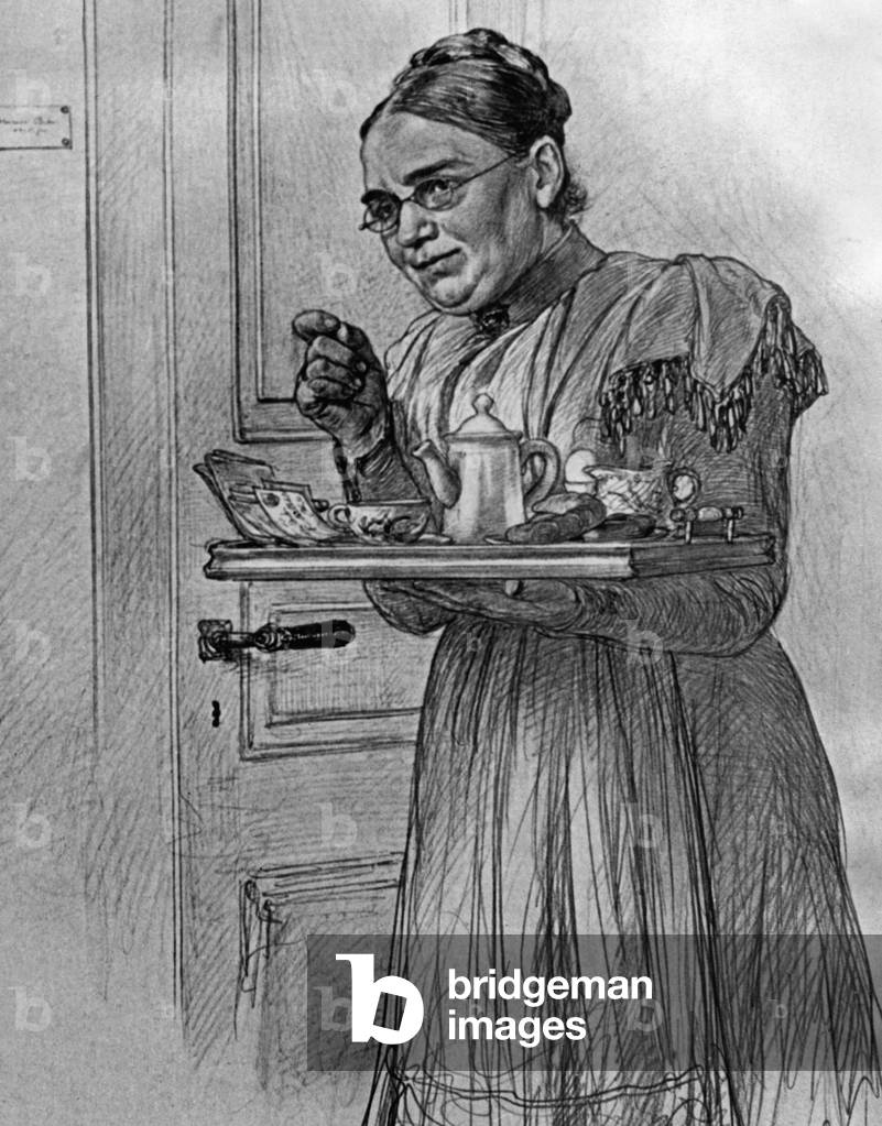Drawing of a maid, beginning of 19th century (b/w photo)
