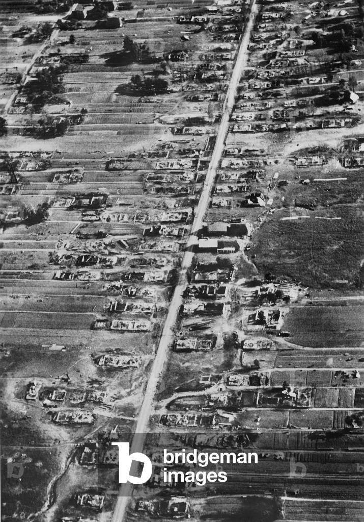 Aerial view of a destroyed Russian village, 1941 (b/w photo)