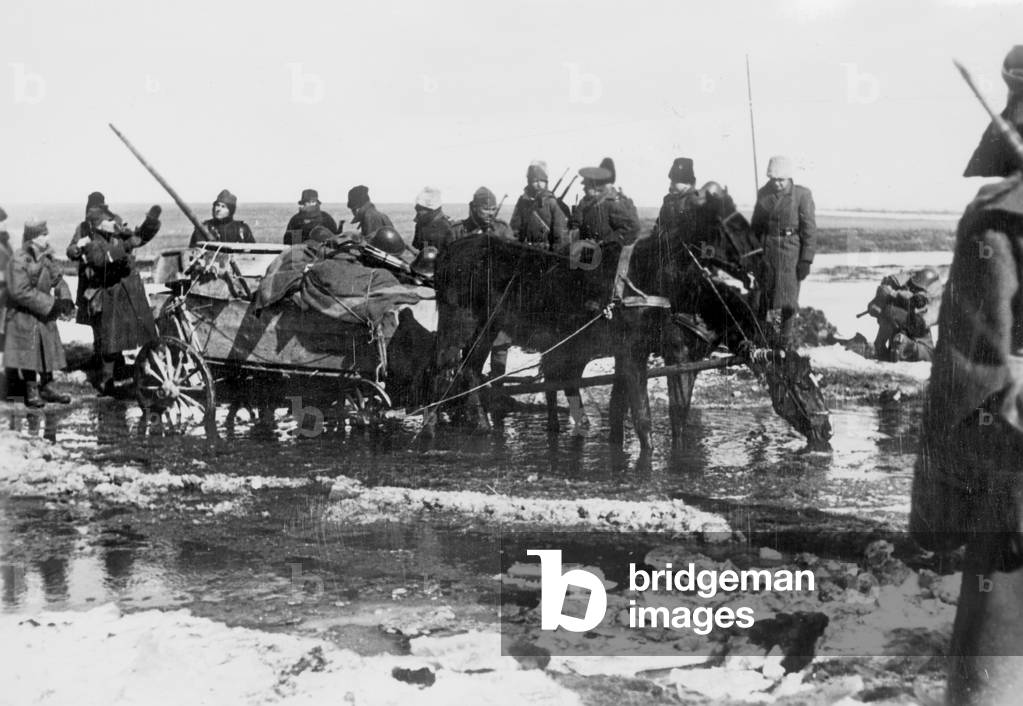 Romanian supply convoy with horse wagons on the Eastern Front, 1942 (b/w photo)