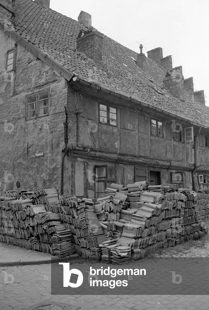 Old brick and half-timbered house in Rostock, 1963 (b/w photo)