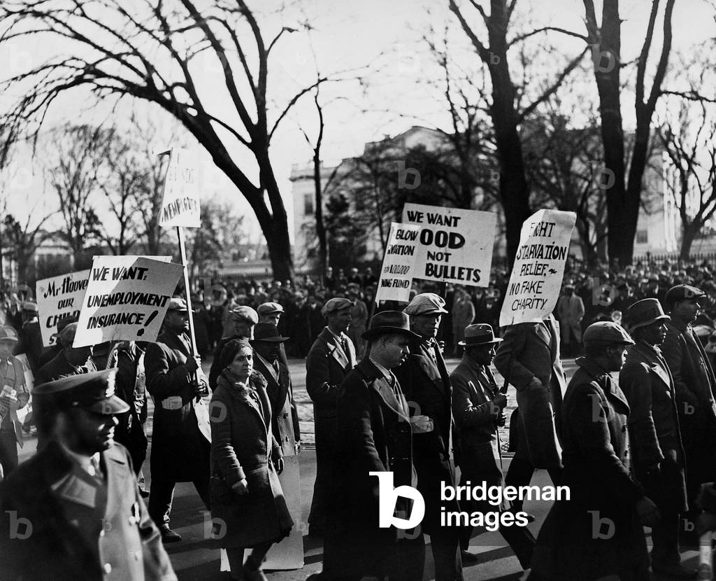 Unemployment demonstration during the Great Depression outside the White House, 1931 (b/w photo)