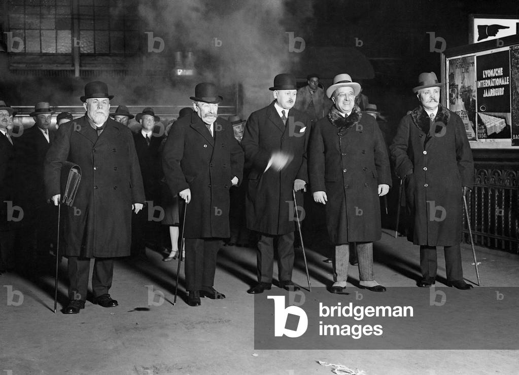 The French delegation on their arrival in The Hague for the Second Hague Conference, 1930 (b/w photo)