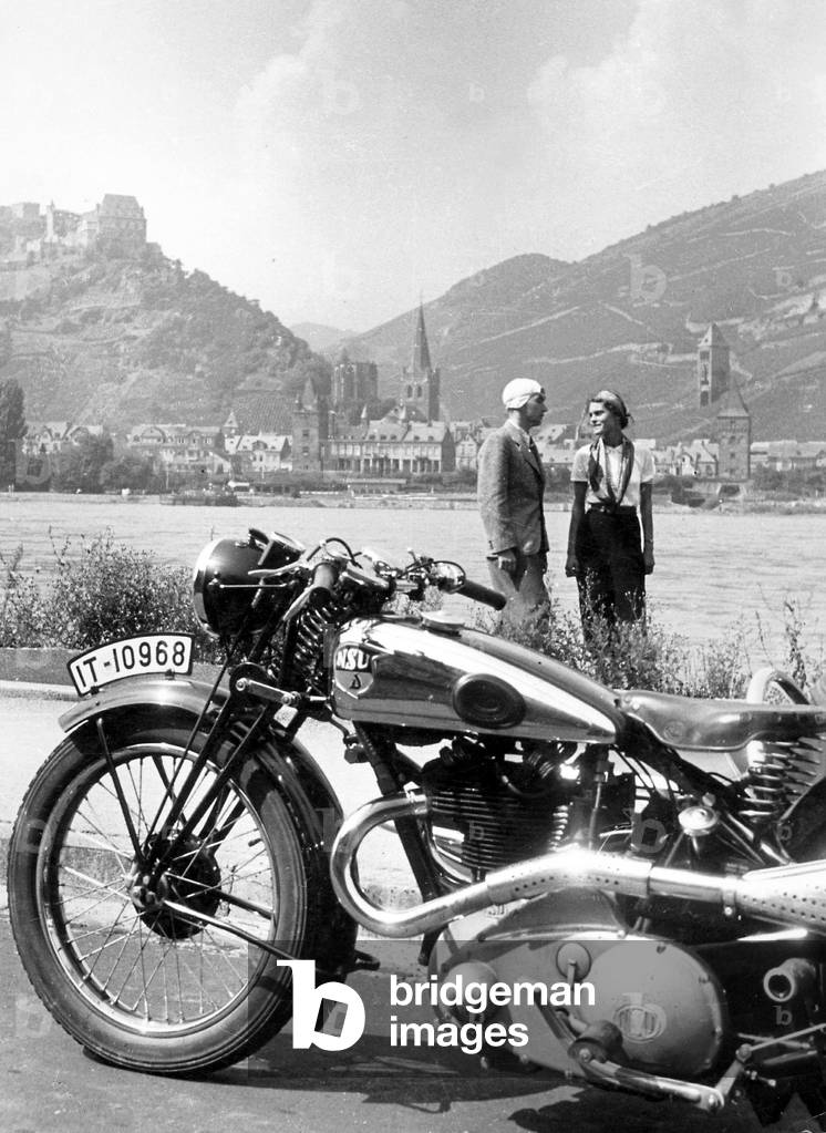 Tourists with motorcycle, 1936 (b/w photo)