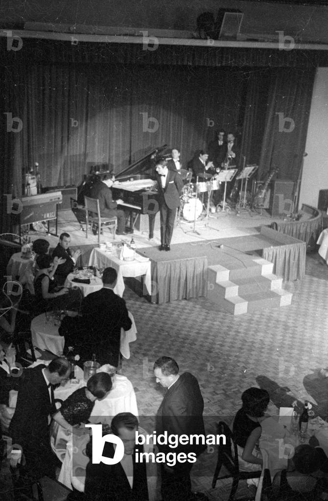 New Year's Eve celebration in St. Moritz, 1966 (b/w photo)