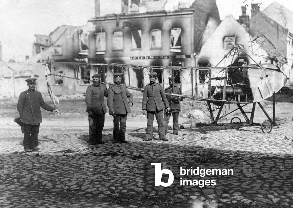 German soldiers with a downed Russian plane, 1914  (b/w photo)
