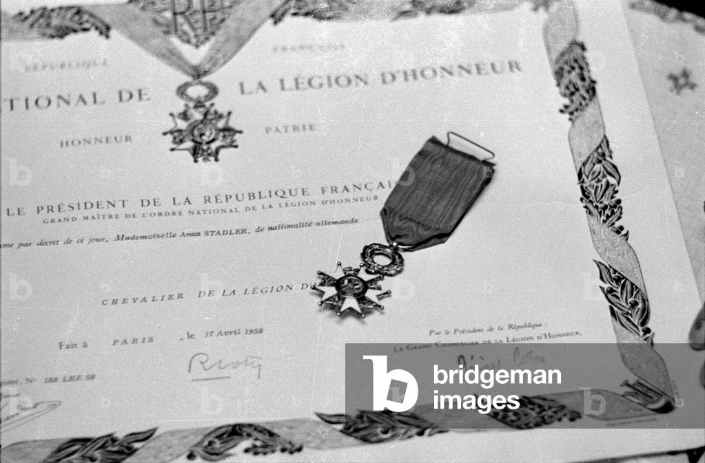 Certificate and Order of the French Legion of Honor for Anna Stadler, 1959 (b/w photo)